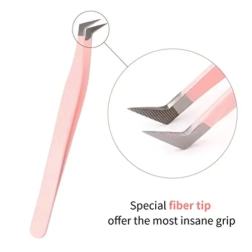 Lash Extension Tweezers Fiber Tips Volume Lash Tweezers Curved Precision Pink Eyelash Tweezers 90 Degree Angle Boot Great for Larger Fans Eyelash Extension Tweezers Professional - 3