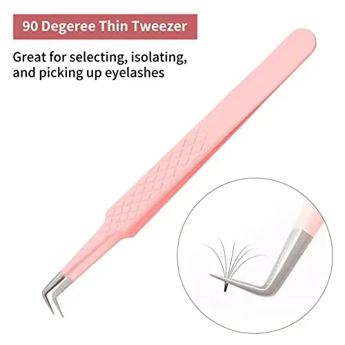 Lash Extension Tweezers for Volume Fans Professional Tweezers Precision 3D 6D 8D 10D L-Shaped Curved Volume Lash Tweezers Pink Stainless Steel Eyelash Extension Supplies - LASH (1)