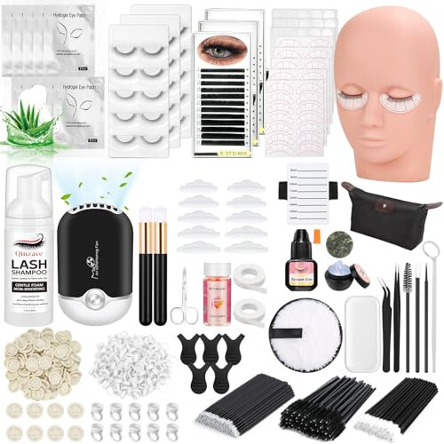 Lash Kit for Eyelash Extension Beginners Eyelash Extension Kit with Lash Mannequin Head, Eyelash Extension Practice Starter Kit with Everything USB Fan Lash Glue False Eyelash Lash Shampoo - 1