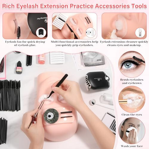 Lash Kit for Eyelash Extension Beginners Eyelash Extension Kit with Lash Mannequin Head, Eyelash Extension Practice Starter Kit with Everything USB Fan Lash Glue False Eyelash Lash Shampoo - 6