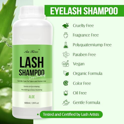 Lash Shampoo Bulk for Lash Extensions 600 Ml/20fl.oz Eyelash Extension Cleanser Oil Free Lash Cleanser for Eyelash Care, Gentle Foaming Eyelash Shampoo for Salon Home Care (Aloe 600ml) - 2