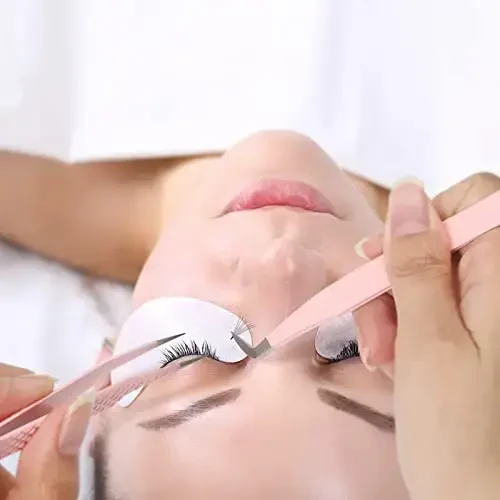 Lash Tweezers for Eyelash Extensions - Professional Artist Tech Work Kit Tools With Fiber Tip for Light or Mega Volume Fans - Curved Tweezers - 5