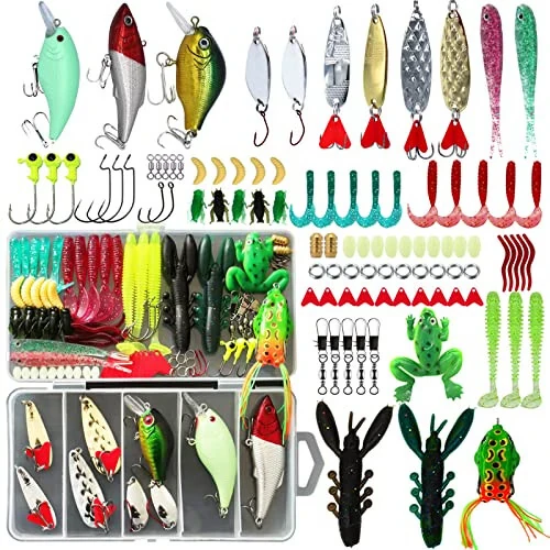 LASOCUHOO Fishing Lures Kit, Spoon Lures, Soft Plastic Worms, Frog Lures, Bait Tackle Kit for Bass, Trout, Salmon for Freshwater and Saltwater - 1