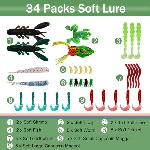 LASOCUHOO Fishing Lures Kit, (94Pcs) Spoon Lures, Soft Plastic Worms, Frog Lures, Bait Tackle Kit for Bass, Trout, Salmon for Freshwater and Saltwater - 3