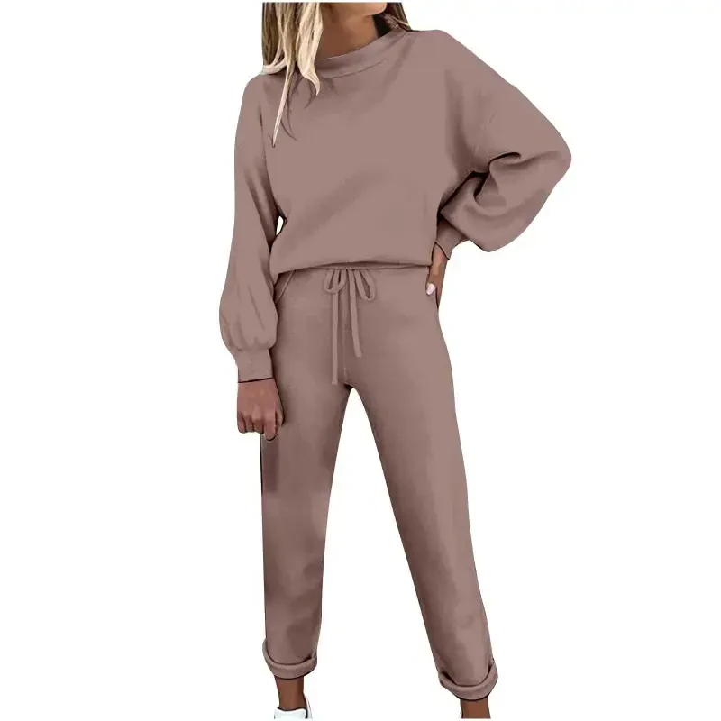Lastesso 2 Pcs Lounge Sets for Women Lantern Sleeve Crewneck Sweatshirt with Pajama Pant Tracksuit Solid Outfits - 2
