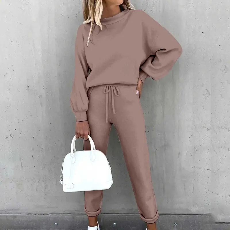 Amidoa 2 Pcs Lounge Sets for Women Lantern Sleeve Crewneck Sweatshirt with Pajama Pant Tracksuit Solid Outfits- - AMIDOA