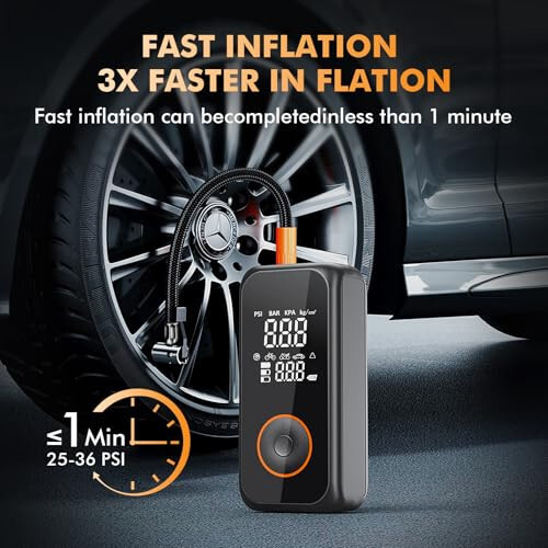 Tire Inflator Portable Air Compressor,3X Faster Inflation Air Pump for Car Tires,150PSI Cordless Electric Air Comperssor with Gauge Pressure and Auto Shut-off,Tire Pump for Car,Bike,Motorcycle,Ball - 3