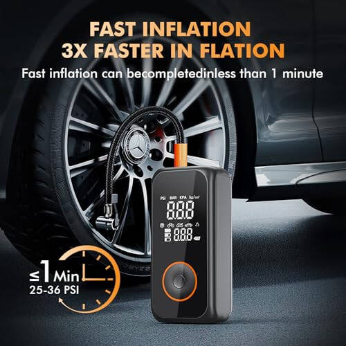 Tire Inflator Portable Air Compressor,3X Faster Inflation Air Pump for Car Tires,150PSI Cordless Electric Air Comperssor with Gauge Pressure and Auto Shut-off,Tire Pump for Car,Bike,Motorcycle,Ball - 3