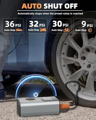 Tire Inflator Portable Air Compressor, Bike Pump, 150PSI Air Pump for Car Tires with LCD Dual Screen and Digital Tire Pressure Gauge, Air Compressor for Bicycle, Motorcycle, Compact Car, Ball - 4