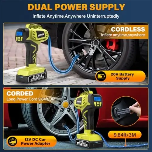 Tire Inflator Portable Air Compressor,Digital Cordless Tire Inflator,2X Faster Car Tire Pump with 20V Rechargeable Battery,Dual Power Supply Modes,Air Pump for Car Tires,E-Bike etc. (Green) - 3