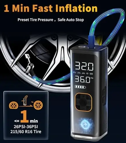 Tire Inflator Portable Air Compressor,12V DC Truck Air Pump for Car Tires,150PSI Portable Air Compressor with Pressure Gauge/LED Light,20000MAH Portable Tire Inflator for Car, Moto, Bike(Black) - VIL (1)