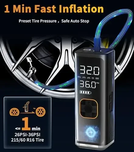 Tire Inflator Portable Air Compressor,12V DC Truck Air Pump for Car Tires,150PSI Portable Air Compressor with Pressure Gauge/LED Light,20000MAH Portable Tire Inflator for Car, Moto, Bike(Black) - VIL (1)