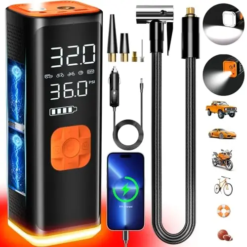 Tire Inflator Portable Air Compressor,12V DC Truck Air Pump for Car Tires,150PSI Portable Air Compressor with Pressure Gauge/LED Light,20000MAH Portable Tire Inflator for Car, Moto, Bike(Black) - VIL