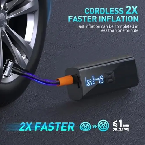 Tire Inflator Portable Air Compressor, 150PSI & 25000mAh Portable Air Compressor with Digital Pressure Gauge, 2X Faster Inflation Cordless Air Pump for Car, Motorcycle, Bicycle and More - 3