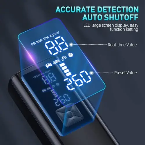 Tire Inflator Portable Air Compressor, 150PSI & 25000mAh Portable Air Compressor with Digital Pressure Gauge, 2X Faster Inflation Cordless Air Pump for Car, Motorcycle, Bicycle and More - 5