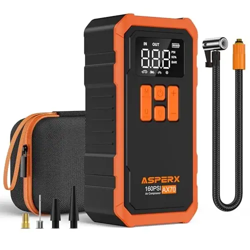 Tire Inflator Portable Air Compressor- 160PSI & 10000mAh Portable Air Pump with Carrying Case, LCD Display & LED Light, 3X Fast Inflation for Car, Bike, Motorcycle, Balls and more(Orange) 