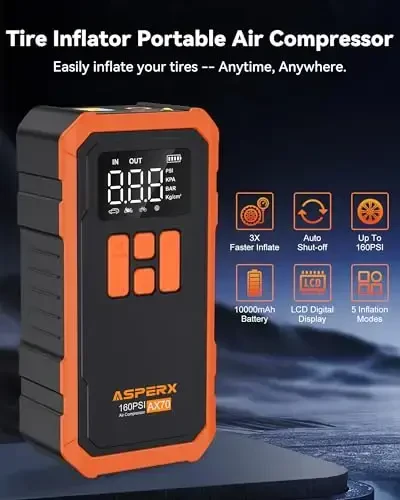 Tire Inflator Portable Air Compressor- 160PSI & 10000mAh Portable Air Pump with Carrying Case, LCD Display & LED Light, 3X Fast Inflation for Car, Bike, Motorcycle, Balls and more(Orange) - ASPERX (1)