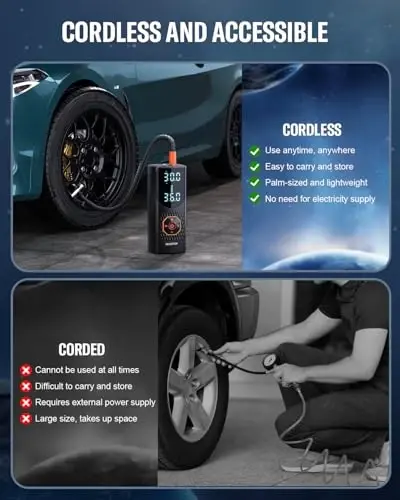 Tire Inflator Portable Air Compressor 160PSI Air Pump For Car Tires with Digital Pressure Gauge, LED Light & Fast Inflation - Cordless Pump for Car, Motorcycle, Bicycle, Ball, Matte Black - 5