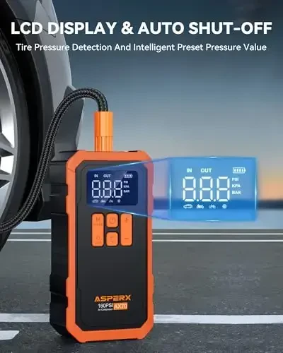 Tire Inflator Portable Air Compressor- 160PSI & 10000mAh Portable Air Pump with Carrying Case, LCD Display & LED Light, 3X Fast Inflation for Car, Bike, Motorcycle, Balls and more(Orange) - 4