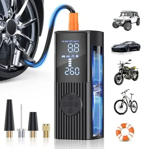 Tire Inflator Portable Air Compressor, 180PSI Portable Air Compressor with with LED Light, 25000mAh & 3X Faster Inflation Air Pump for Car, Bike, Motorcycle, Ball and more - Hafuloky