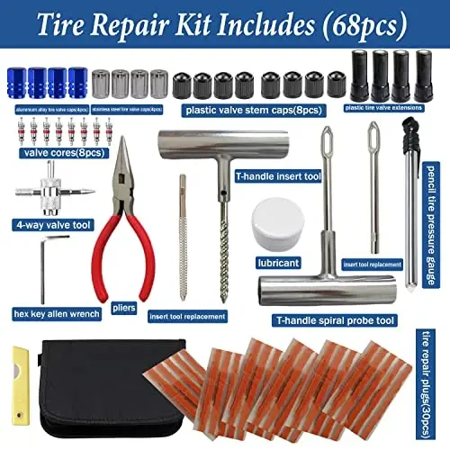 Tire Repair Kit, 68pcs Heavy Duty Tire Plug Kit, Universal Tire Repair Tools Flat Tire Puncture Repair for Car, Motorcycle, Truck, SUV, RV, ATV, Tractor, Trailer Fix Punctures and Plug Flats Patch Kit - HYHJMISTY (1)