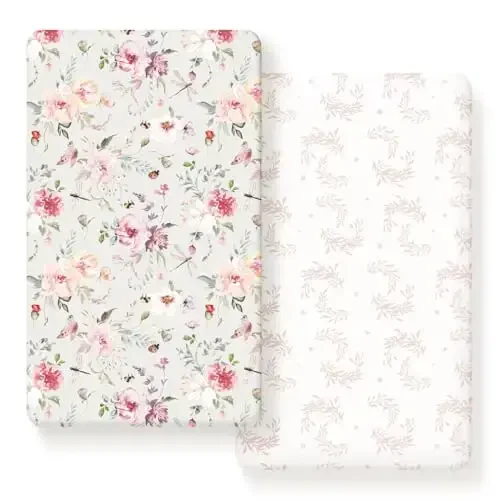 Fitted Crib Sheets Set 2 Pack, Ultra Soft Stretch Jersey Knit Crib Sheet Fit All Standard Crib Mattress Pads Safe and Snug, Crib Fitted Sheet for Baby, Beautiful Flowers and Insects Pattern 