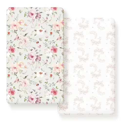 Fitted Crib Sheets Set 2 Pack, Ultra Soft Stretch Jersey Knit Crib Sheet Fit All Standard Crib Mattress Pads Safe and Snug, Crib Fitted Sheet for Baby, Beautiful Flowers and Insects Pattern - 1