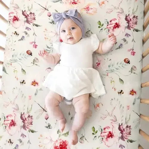 Fitted Crib Sheets Set 2 Pack, Ultra Soft Stretch Jersey Knit Crib Sheet Fit All Standard Crib Mattress Pads Safe and Snug, Crib Fitted Sheet for Baby, Beautiful Flowers and Insects Pattern - 3