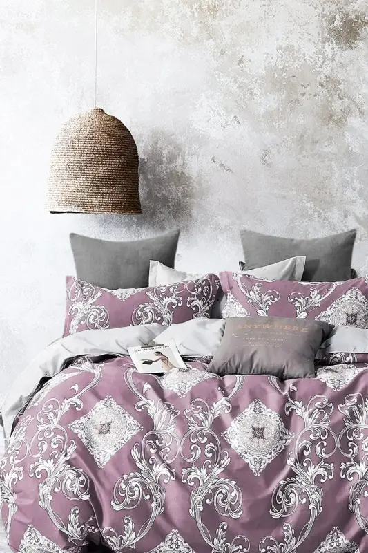 Lastikli Çarşaflı Nevresim Takımı Çift Kişilik Hanedan Gülkurusu-Hanedan Mürdüm - 1