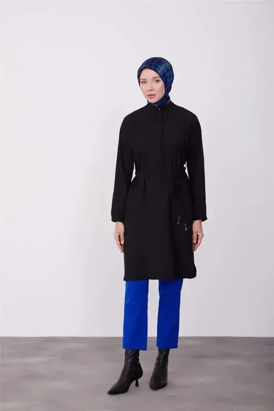 Lastikli kamarli tunika 23k4701 Siyah-SIYOH - 2