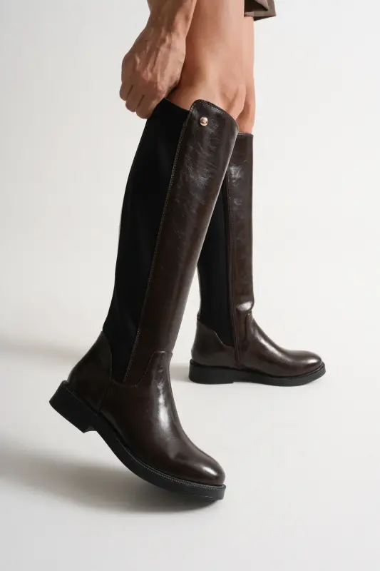 Lastikli Streç Günlük Kadın Çizme Kahve Parlak-Kahverengi - 2