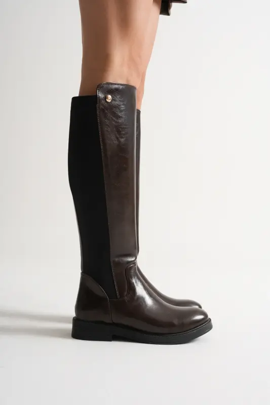 Lastikli Streç Günlük Kadın Çizme Kahve Parlak-Kahverengi - 3