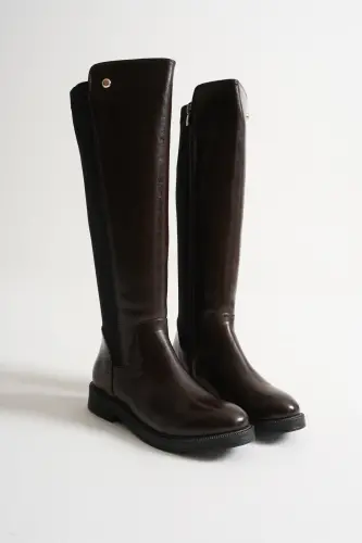 Lastikli Streç Günlük Kadın Çizme Kahve Parlak-Kahverengi - 4