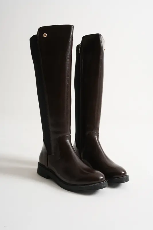 Lastikli Streç Günlük Kadın Çizme Kahve Parlak-Kahverengi - 4