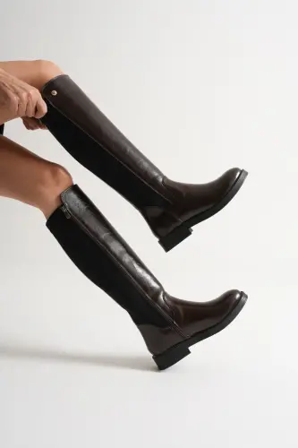 Lastikli Streç Günlük Kadın Çizme Kahve Parlak-Kahverengi 