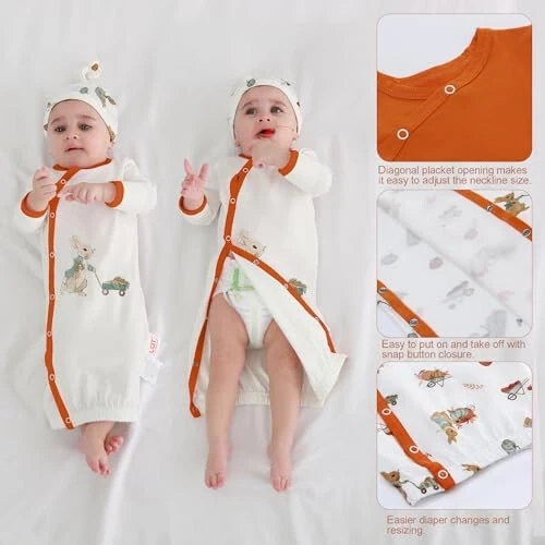 LAT LEE AND TOWN Yangi tug'ilgan chaqaloq uchun paxtadan tikilgan uxlash liboslari to'plami, uzun yengli tunika, shlyapa va uxlash xalati, unisex (quyon, M) - 23