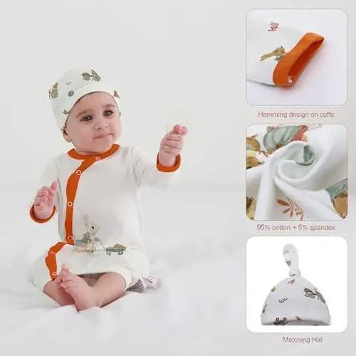 LAT LEE AND TOWN Yangi tug'ilgan chaqaloq uchun paxtadan tikilgan uxlash liboslari to'plami, uzun yengli tunika, shlyapa va uxlash xalati, unisex (quyon, M) - 3