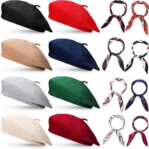 16 Pieces Wool Beret Hat for Women French Artist Beanie Beret with Silky Scarf Set for Women Girls Spring Summer, One Size - 1