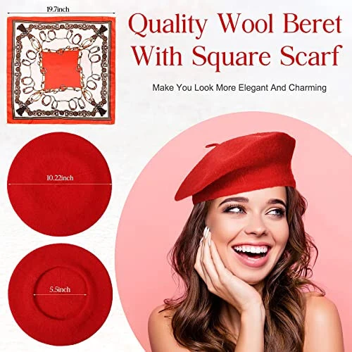 16 Pieces Wool Beret Hat for Women French Artist Beanie Beret with Silky Scarf Set for Women Girls Spring Summer, One Size - Laumoi (1)