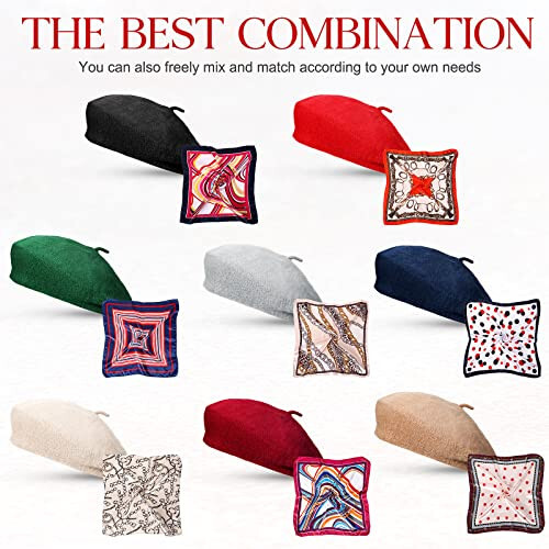 16 Pieces Wool Beret Hat for Women French Artist Beanie Beret with Silky Scarf Set for Women Girls Spring Summer, One Size - 5