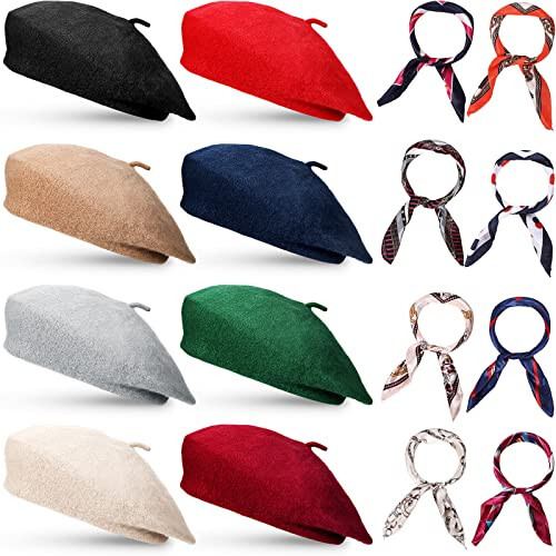 Laumoi 16 Pieces Wool Beret Hat French Style Artist Beanie Beret with Silky Scarf Set for Women, One Size - Laumoi