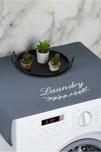 Laundry Machine Cover Embroidered Liquid Proof Fabric Navy Blue-NAVY BLUE - 1