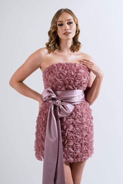 Lavender Satin Ribboned Rose Embroidered Tulle Evening Dress - 2