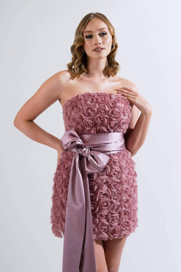 Lavender Satin Ribboned Rose Embroidered Tulle Evening Dress - 2