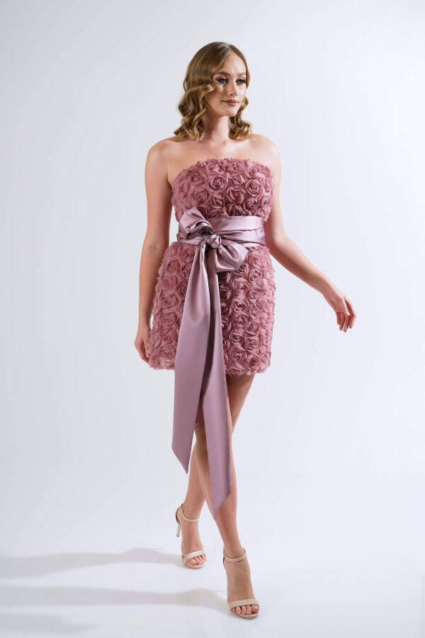 Lavender Satin Ribboned Rose Embroidered Tulle Evening Dress - 3