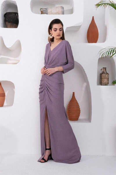 Lavender Sequined Long Dress with Slit - 1