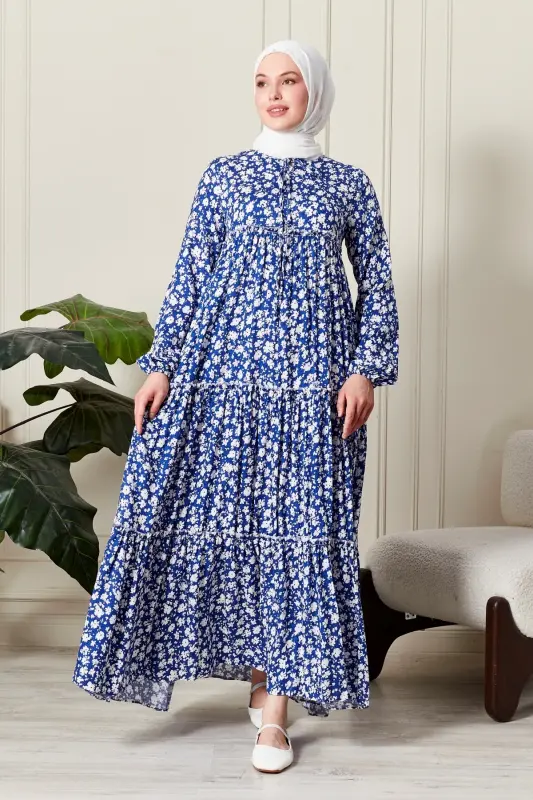 Layered Skirt Floral Pattern Gypsy Viscose Dress Modest Dress Mother Dress Prayer Dress-Floral Pattern Blue - FISTAN