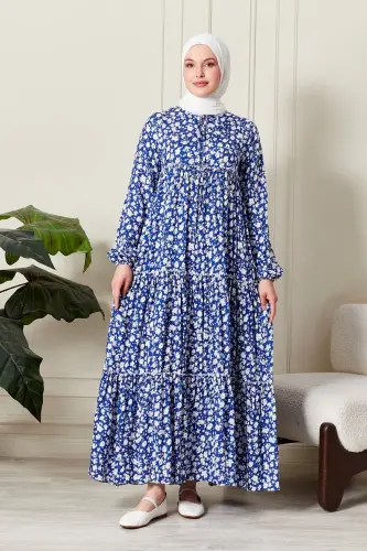 Layered Skirt Floral Pattern Gypsy Viscose Dress Modest Dress Mother Dress Prayer Dress-Floral Pattern Blue - FISTAN (1)
