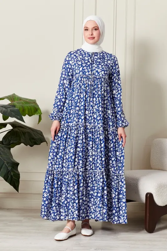 Layered Skirt Floral Pattern Gypsy Viscose Dress Modest Dress Mother Dress Prayer Dress-Floral Pattern Blue - 2