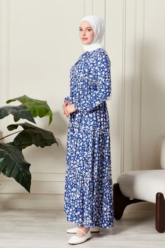 Layered Skirt Floral Pattern Gypsy Viscose Dress Modest Dress Mother Dress Prayer Dress-Floral Pattern Blue - 3